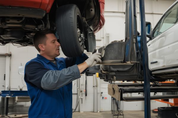 Professional truck repair technicians working on vehicle